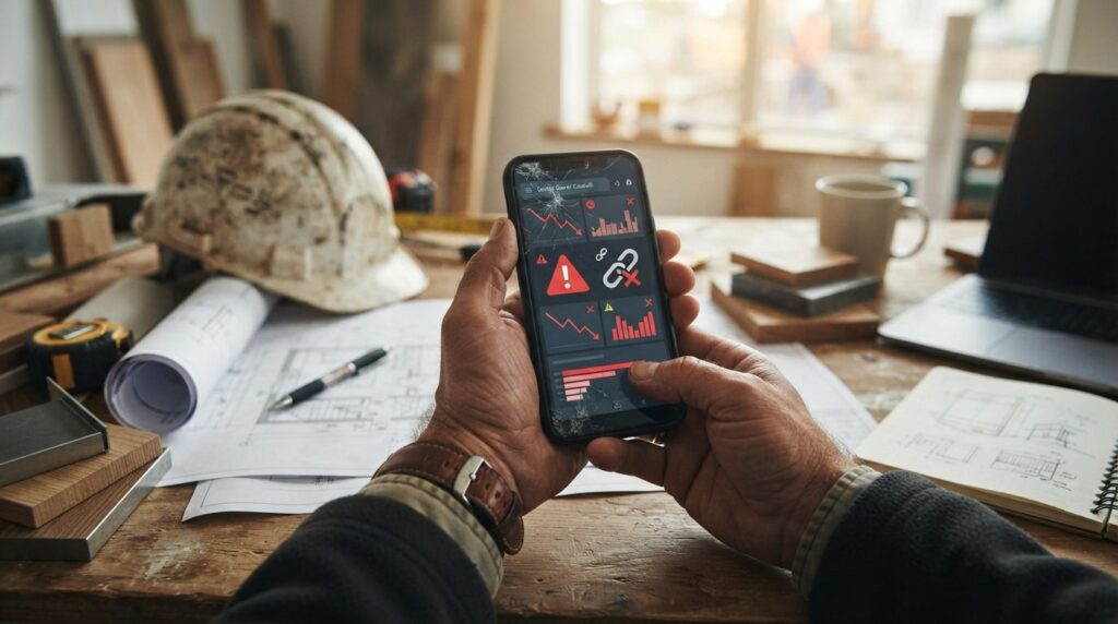 Close-up of a builders hands holding a smartphone showing b